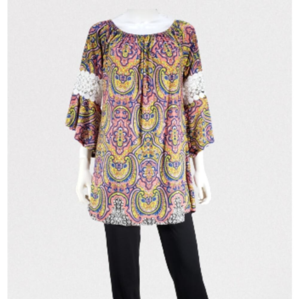 Win Win Women's, Tunic Multi Colored, Paisley print, Pinwheel Lace Slv Large-XL